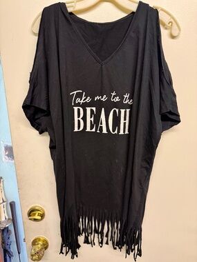 Take Me to the Beach Black Fringe Cover-Up T-Shirt | Cutout Sleeve Beach Top